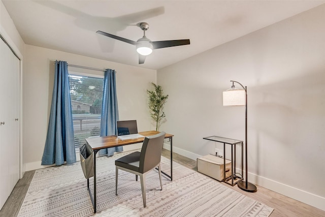 office with ceiling fan and light wood-type flooring