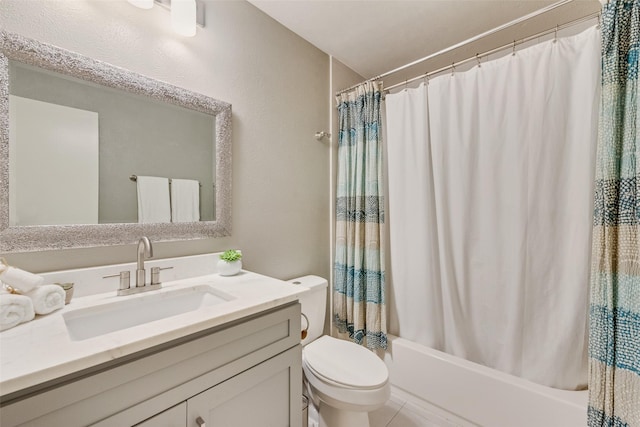 full bathroom with toilet, vanity, and shower / tub combo with curtain