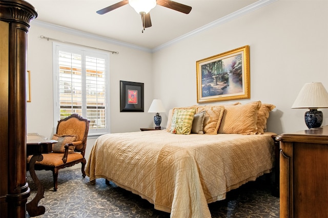 bedroom featuring multiple windows, ceiling fan, and crown molding