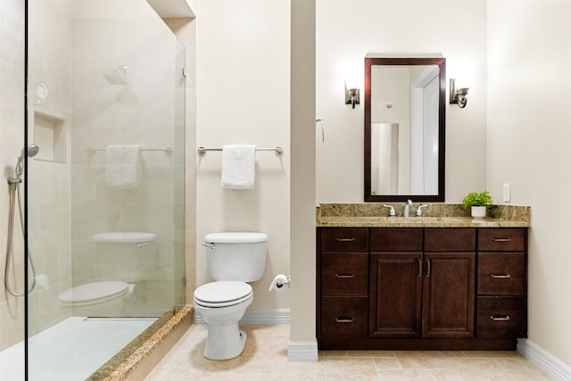 bathroom with tile patterned flooring, a shower, vanity, and toilet