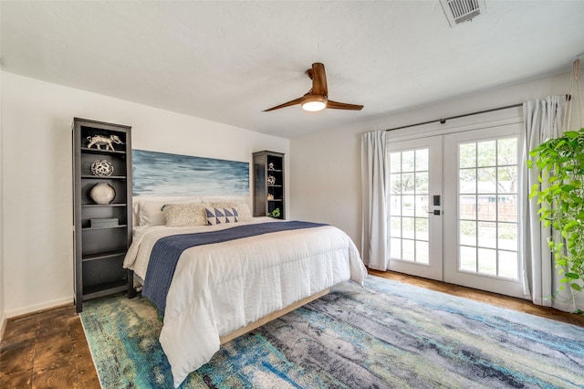 bedroom featuring access to outside, french doors, and ceiling fan