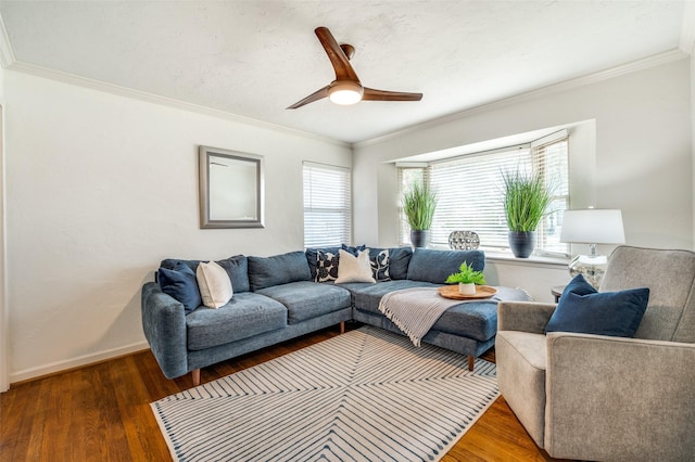 living room with ceiling fan, dark hardwood / wood-style flooring, ornamental molding, and a wealth of natural light