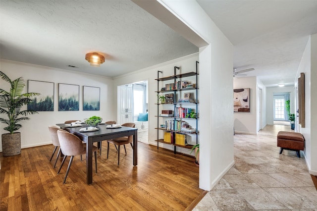 dining space with a textured ceiling, ceiling fan, light wood-type flooring, and crown molding