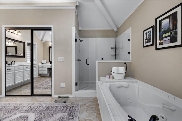 bathroom with ornamental molding, vaulted ceiling, separate shower and tub, and vanity