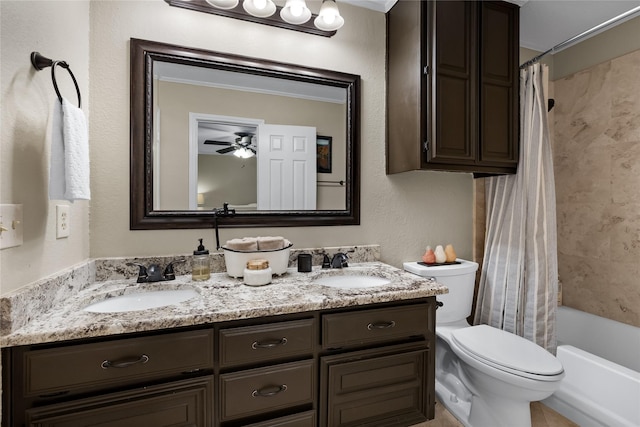 full bathroom featuring toilet, shower / tub combo with curtain, crown molding, ceiling fan, and vanity