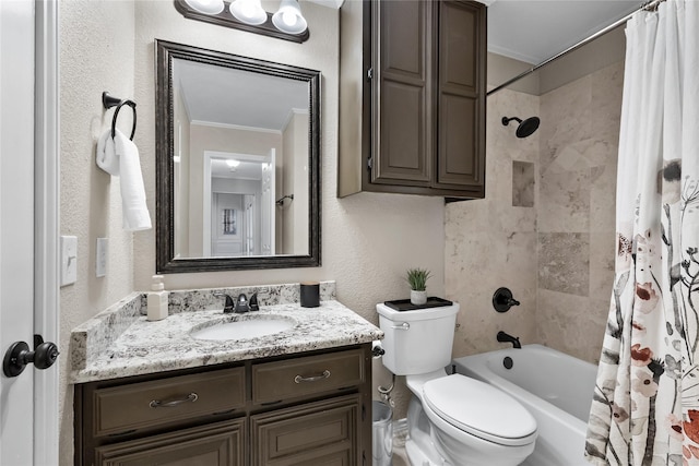 full bathroom featuring ornamental molding, toilet, vanity, and shower / bath combo