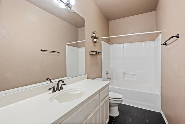 full bathroom with toilet, vanity, tile patterned floors, and bathing tub / shower combination