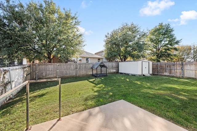 view of yard featuring a patio and a storage unit