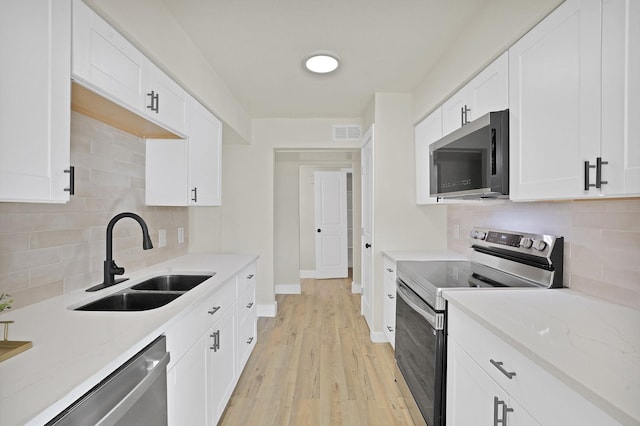 kitchen with sink, white cabinetry, backsplash, and appliances with stainless steel finishes