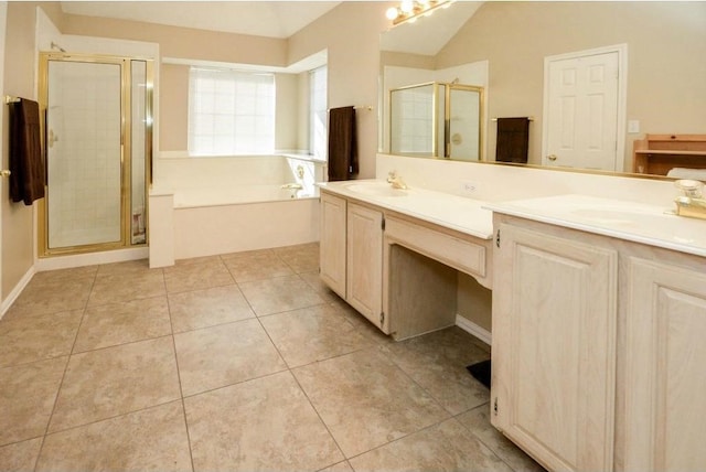 bathroom featuring vanity, tile patterned floors, and independent shower and bath