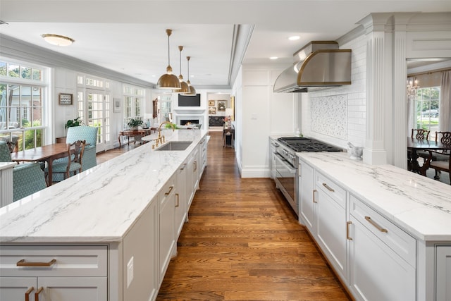 kitchen featuring range hood, high end stainless steel range oven, hanging light fixtures, a large island with sink, and sink