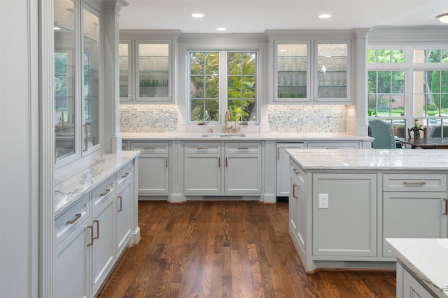 kitchen featuring light stone countertops, dark wood-type flooring, backsplash, white cabinetry, and sink