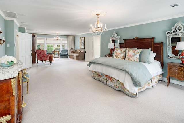 carpeted bedroom featuring ornamental molding and a chandelier