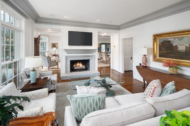 living room featuring a fireplace, crown molding, and dark hardwood / wood-style floors