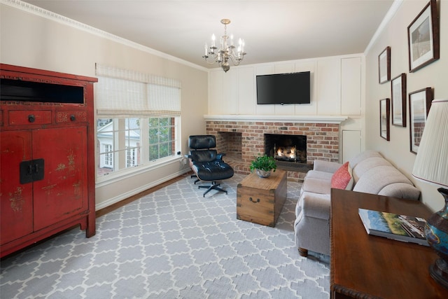 living room with a fireplace, an inviting chandelier, and ornamental molding