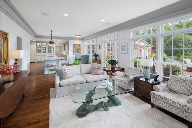 living room with ornamental molding and dark hardwood / wood-style floors