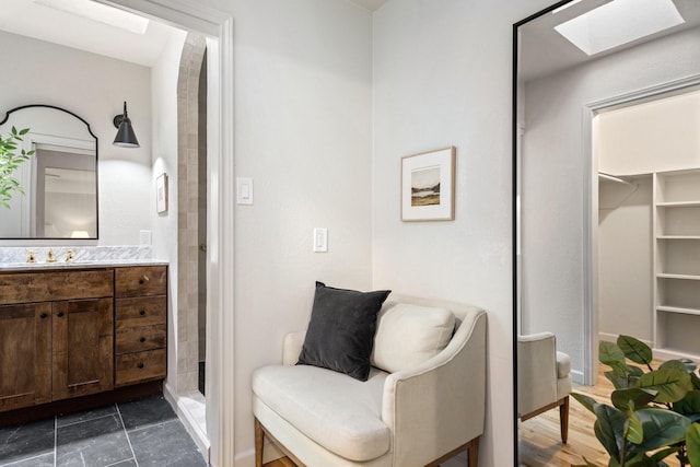 living area featuring sink and a skylight