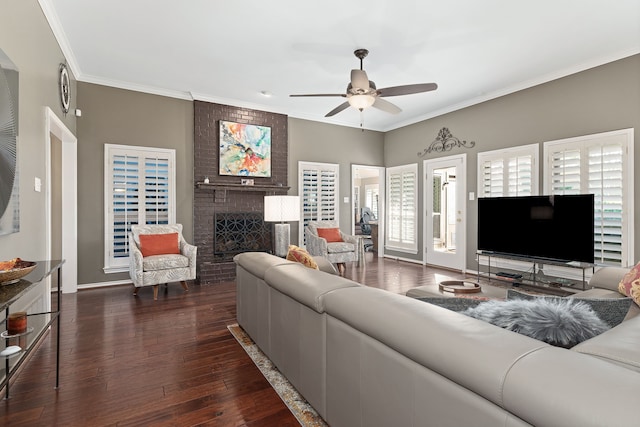 living room featuring a fireplace, ceiling fan, ornamental molding, and dark wood-type flooring