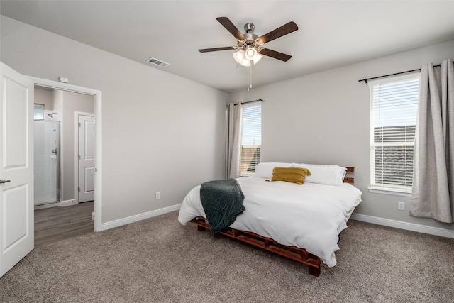 bedroom featuring ceiling fan and carpet flooring