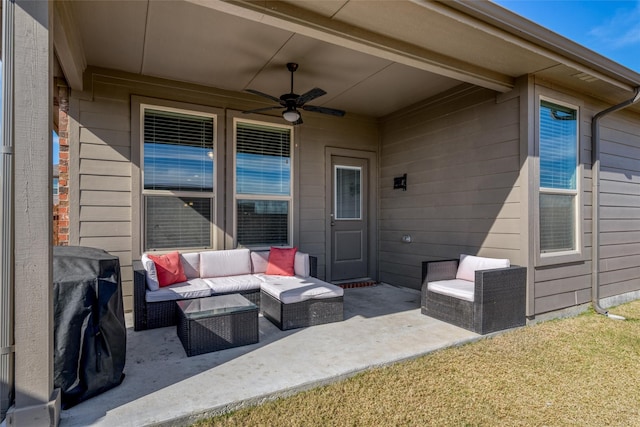 view of patio featuring an outdoor hangout area, grilling area, and ceiling fan