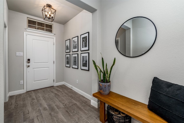 entryway featuring a chandelier and hardwood / wood-style flooring