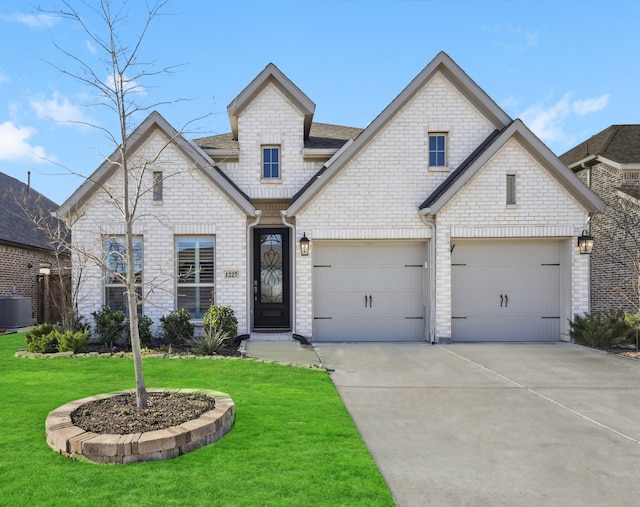 french country inspired facade featuring driveway, central AC unit, and a front yard