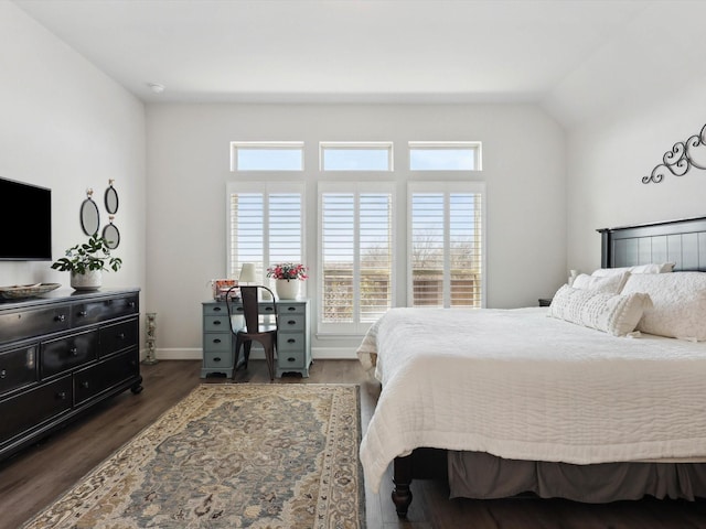 bedroom featuring lofted ceiling and dark hardwood / wood-style floors