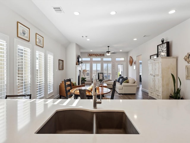 kitchen with ceiling fan, dark hardwood / wood-style floors, and sink