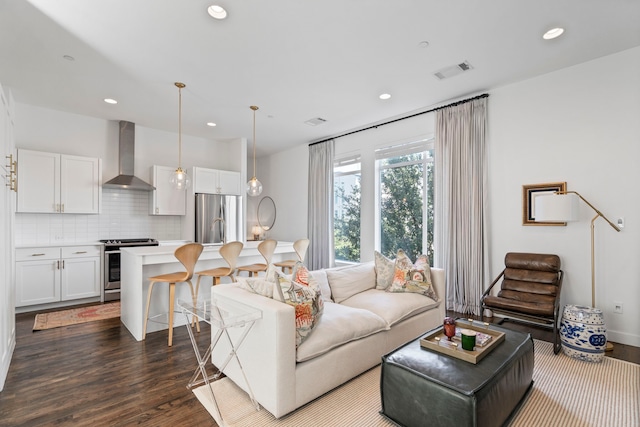 living room with dark wood-type flooring