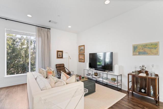 living room with dark hardwood / wood-style flooring and a wealth of natural light