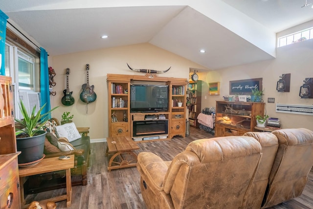 living room with lofted ceiling and hardwood / wood-style floors