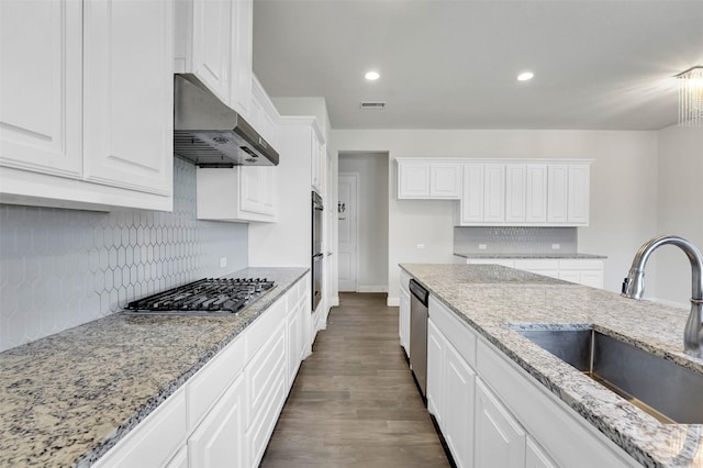 kitchen with sink, appliances with stainless steel finishes, white cabinetry, light stone countertops, and dark wood-type flooring