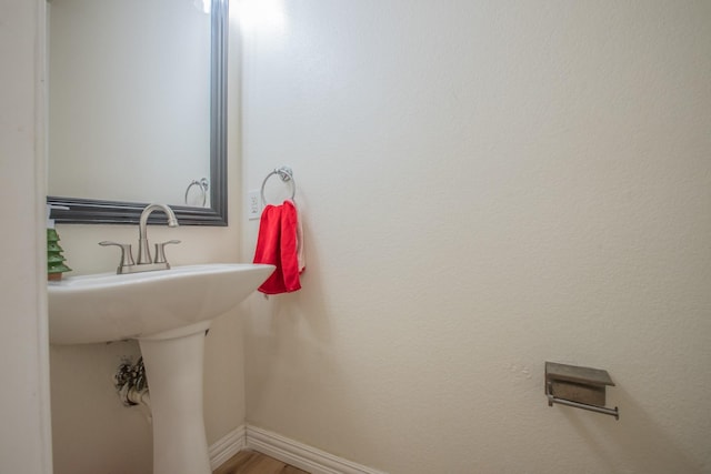 bathroom with hardwood / wood-style flooring