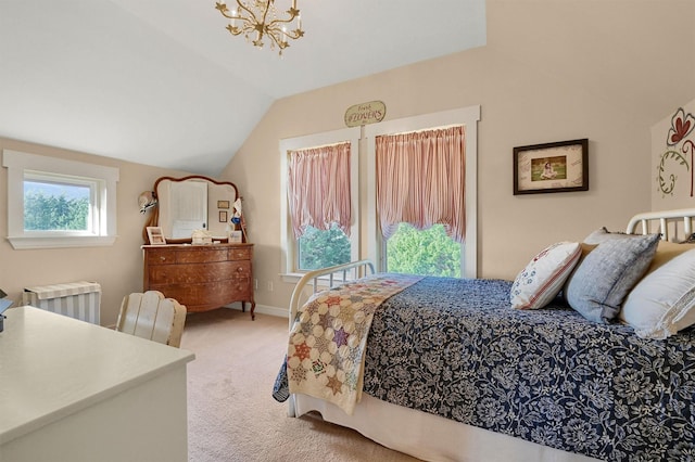 carpeted bedroom with lofted ceiling, an inviting chandelier, and radiator heating unit