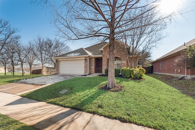 single story home with a front yard and a garage