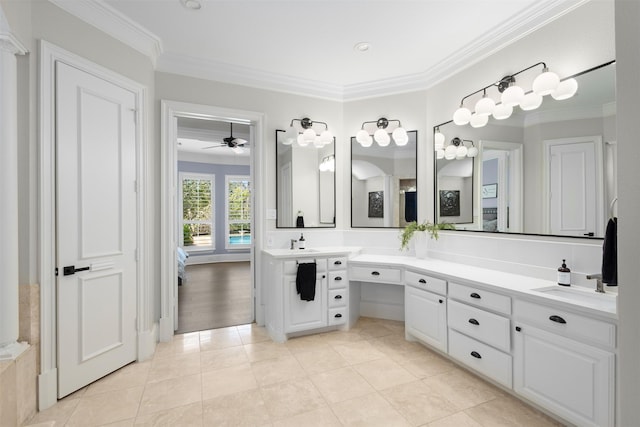 bathroom featuring vanity, ceiling fan, ornamental molding, and tile patterned flooring