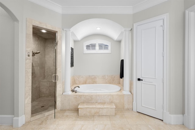 bathroom featuring independent shower and bath, crown molding, and tile patterned flooring