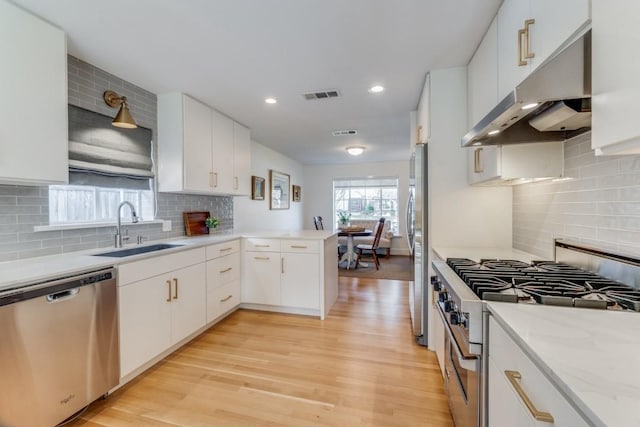 kitchen with stainless steel appliances, sink, white cabinetry, light wood-type flooring, and kitchen peninsula