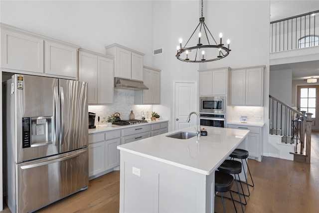 kitchen featuring stainless steel appliances, decorative backsplash, a towering ceiling, a kitchen island with sink, and sink