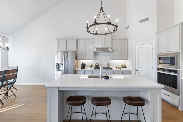 kitchen featuring stainless steel appliances, sink, a breakfast bar, and an island with sink