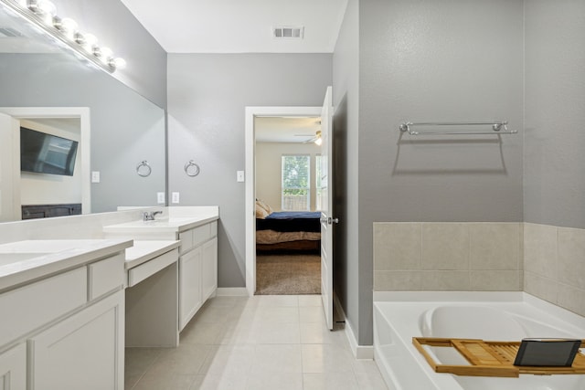 bathroom featuring vanity, ceiling fan, tile patterned flooring, and a tub