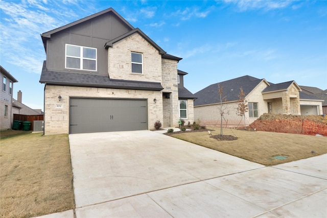 view of front of house featuring a front yard, a garage, and cooling unit