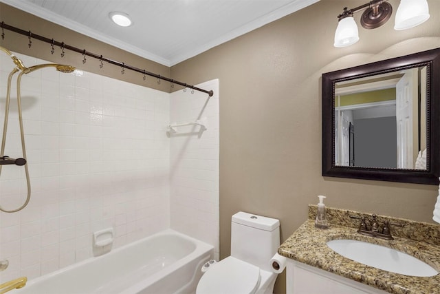 full bathroom with ornamental molding, tub / shower combination, vanity, and toilet