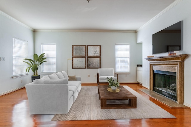 living room featuring light hardwood / wood-style flooring and crown molding