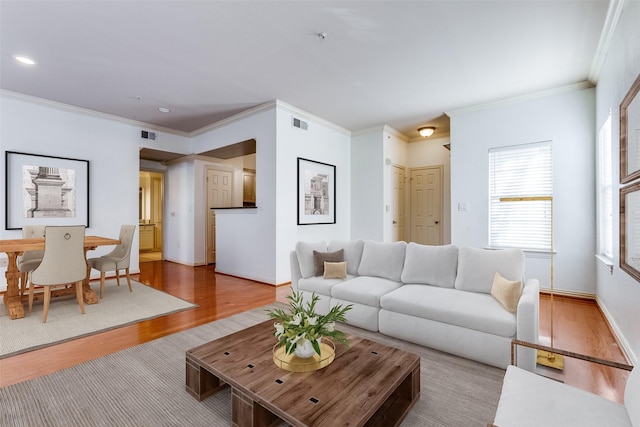 living room with crown molding and light hardwood / wood-style flooring