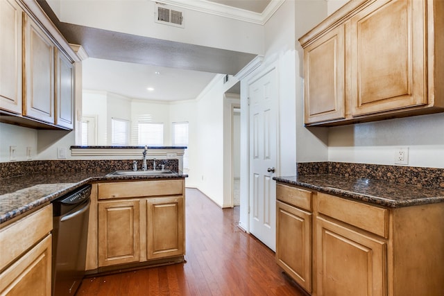 kitchen featuring dishwasher, sink, dark stone countertops, and dark wood-type flooring