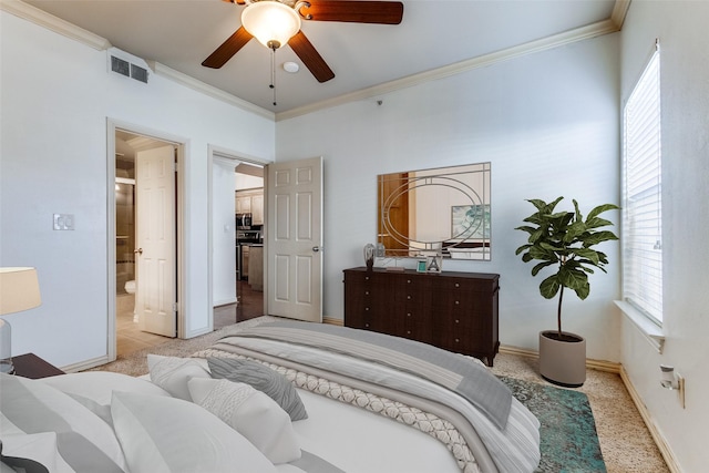 carpeted bedroom featuring multiple windows, connected bathroom, ornamental molding, and ceiling fan