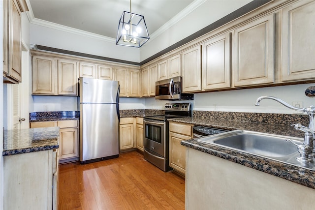 kitchen featuring sink, crown molding, hardwood / wood-style flooring, appliances with stainless steel finishes, and pendant lighting