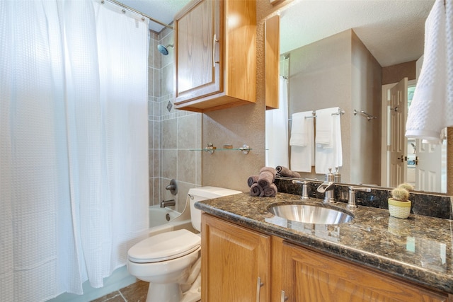 full bathroom featuring toilet, tile patterned flooring, shower / bath combination with curtain, and vanity