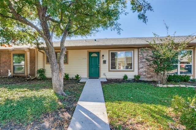 single story home featuring a front lawn